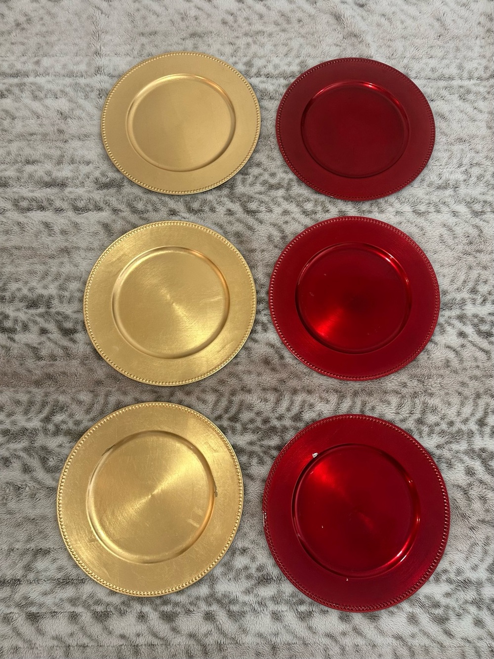 Plates Set 6 Used Beaded Rims Red and Gold 13 in